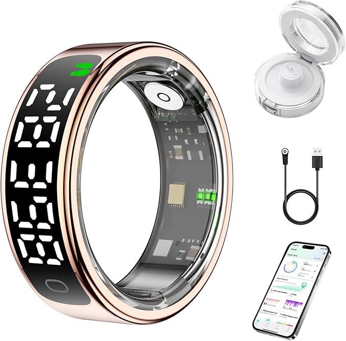 Smart Health Ring for Women Men, Smart Ring Fitness Tracker for iOS Android, Heart Rate, Blood Oxygen, Blood Pressure, Sleep Monitoring,5ATM Waterproof, No Subscription Fee (Gold, 11#)