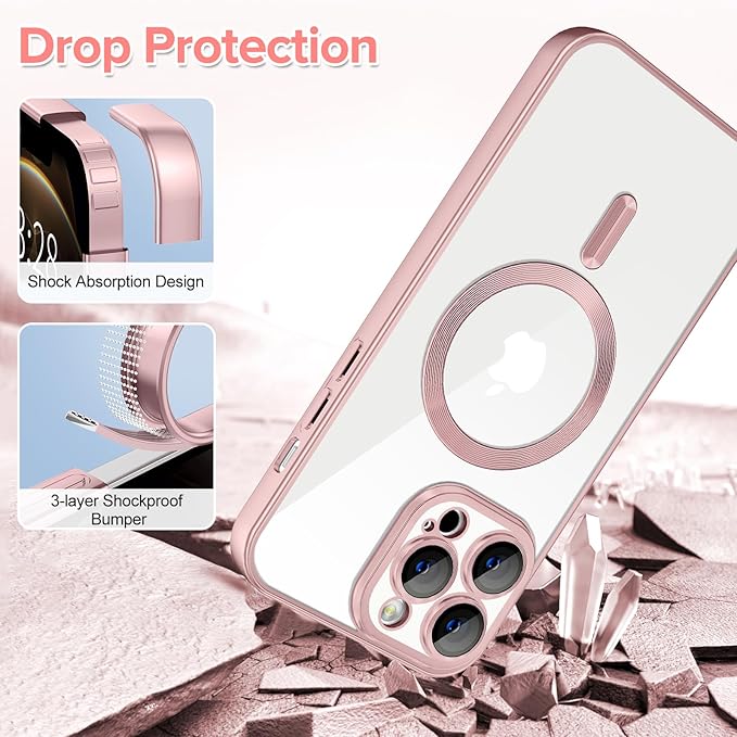 Hython Magnetic Clear for iPhone 12 Pro Case with Camera Lens Protector [Compatible with MagSafe] Luxury Plating Edge Slim Soft TPU Cover Protective Phone Case for iPhone 12 Pro 6.1", Matte Pink