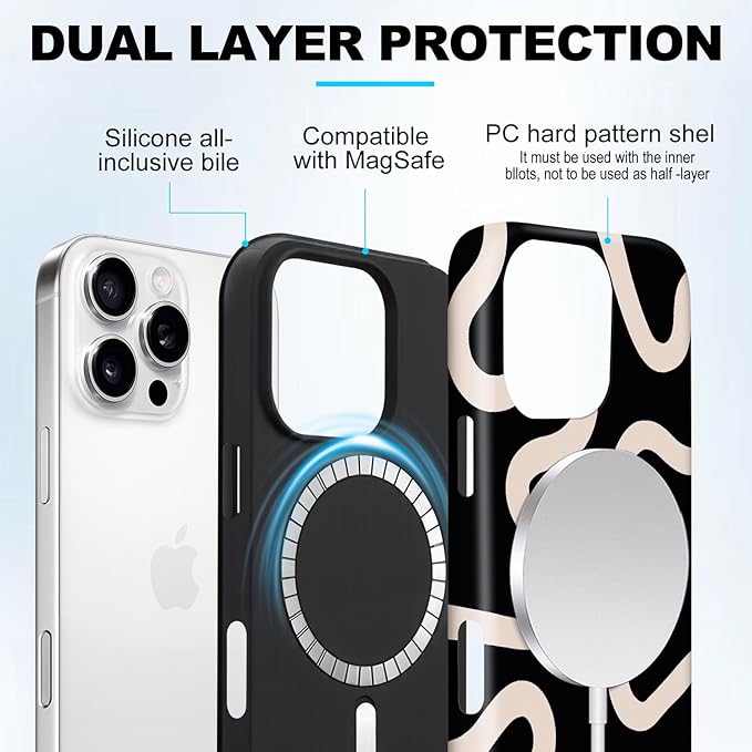 Magnetic for iPhone 15 Pro Case Cute Curved Stripes Phone Case, Shockproof Slim TPU and Hard PC Protective Phone Cover Compatible with MagSafe Designed for Women Girls,Black