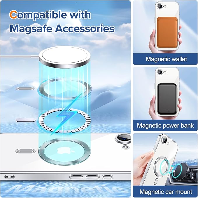 Hython Magnetic Clear for iPhone 16e Case with Camera Lens Protector [Compatible with MagSafe] Luxury Plating Edge Slim Soft TPU Cover Protective Phone Case for iPhone 16e 6.1", Silver
