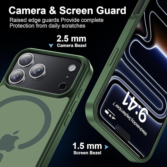 Strong Magnetic for iPhone 17 Pro case with Camera Lens Protector [ Military-Grade Protection] Compatible with MagSafe Shockproof Slim Thin Cover case for iPhone 17 Pro 6.3 inch, Alpine Green