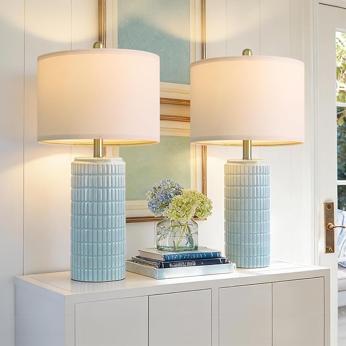 PoKat 23" Light Blue Table Lamps Set of 2, Modern Bedside Lamps for Bedroom, Coastal Ceramic End Table Lamps for Living Room, Ocean Nightstand New Home Decor Lamps