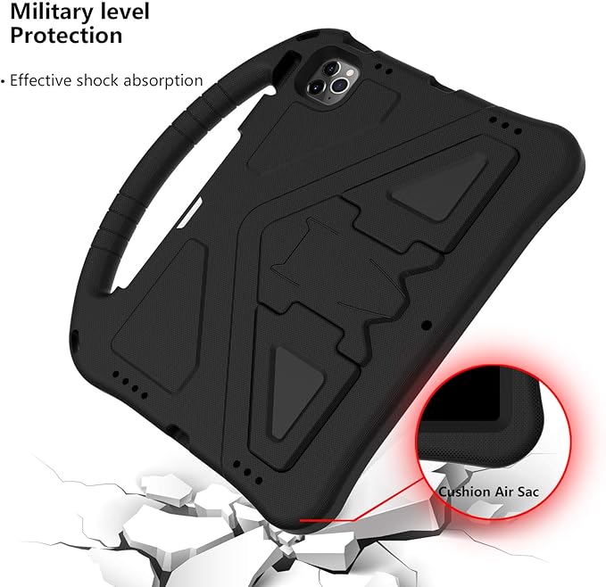 Kids Case for iPad Pro 11" 2022/2021/2020/2018 & iPad Air 5th/4th Gen, Techcircle Pencil Holder Lightweight Shockproof EVA Foam Handle Stand Anti-Slip Grip Rugged Cover, Black