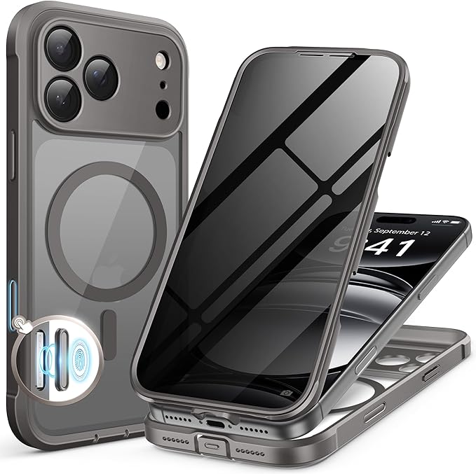 BERFY for iPhone 17 Pro Max Case, Compatible with MagSafe, Built-in Privacy Screen Protector, Camera Protection, Shockproof Full Body Phone Case 6.9", Clear Grey