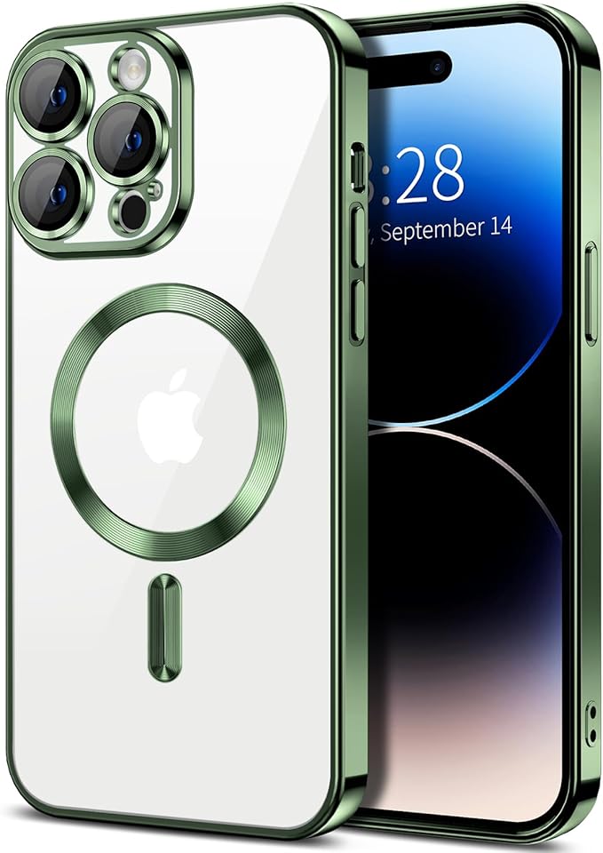 Hython Magnetic Clear for iPhone 14 Pro Case with Camera Lens Protector [Compatible with MagSafe] Luxury Plating Edge Slim Soft TPU Cover Protective Phone Case for iPhone 14 Pro 6.1", Deep Green