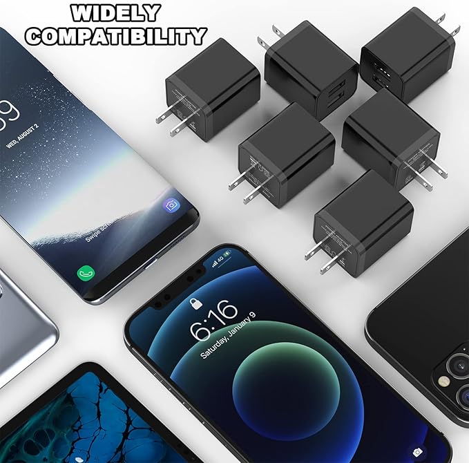 6Pack USB Wall Charger, iGENJUN 2.4A Phone Charger Dual USB Port Cube Power Plug Adapter Fast Wall Charger Block Compatible with iPhone 17/17 Pro/16/16 Pro, Samsung Galaxy, Pixel, LG, Android-Black