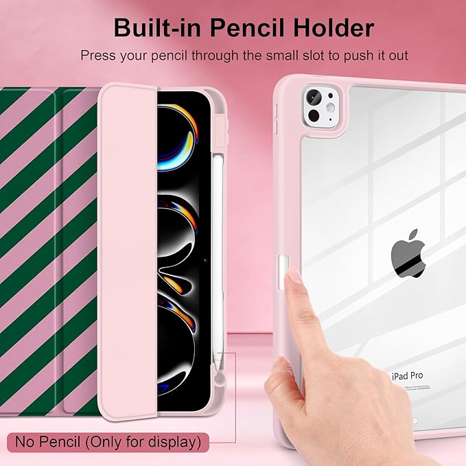 TWOLSKOO Case for iPad Pro 11-inch (M5 2025 / M4 2024), Clear Acrylic Back with TPU Bumper, Pencil Holder, Trifold Stand, Auto Sleep/Wake, Diagonal Stripes