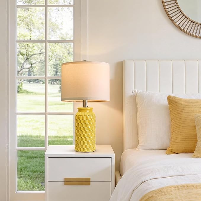 USumkky 20.5" Ceramic Table Lamps Set of 2 - Modern Farmhouse & Boho Style, Bedside Nightstand Lamps for Bedroom, Living Room End Table Lamps, Small Desk Lamp(Yellow)