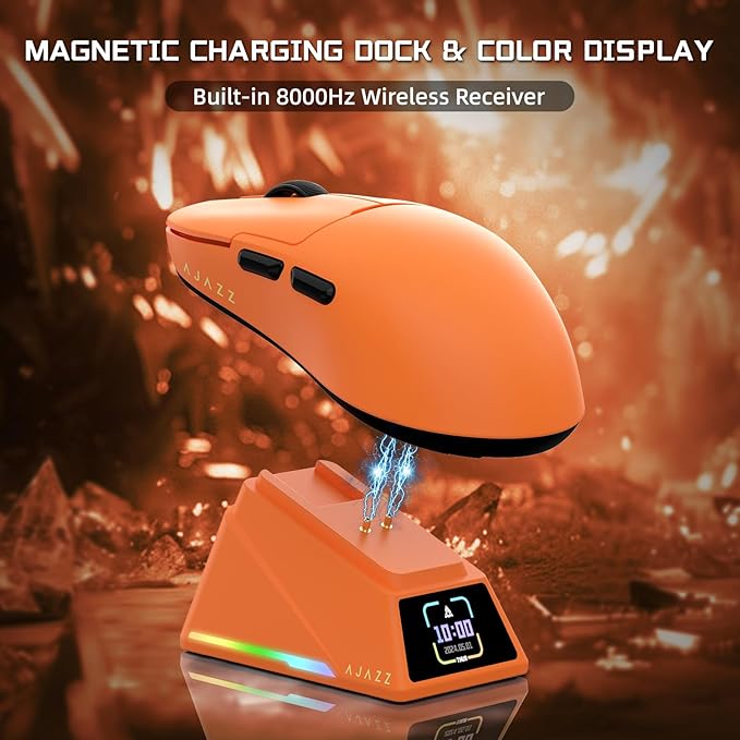 Yindiao AJAZZ AJ159 APEX Wireless Gaming Mouse with Magnetic Charging Base, 56g Lightweight BT/2.4G/USB-C Wired Mouse, PAW3950APEX 42K DPI Optical Sensor, Programmable Buttons for PC/Mac/Win(Orange)