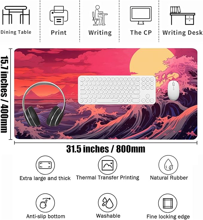 Japanese Sea Wave Large Gaming Mouse Pad with Stitched Edges, 31.5" x 15.7" Large Extended Computer Pad, Mouse Pad Protector with Non-Slip Waterproof Rubber Base Desk Pad for Laptop Office Accessories