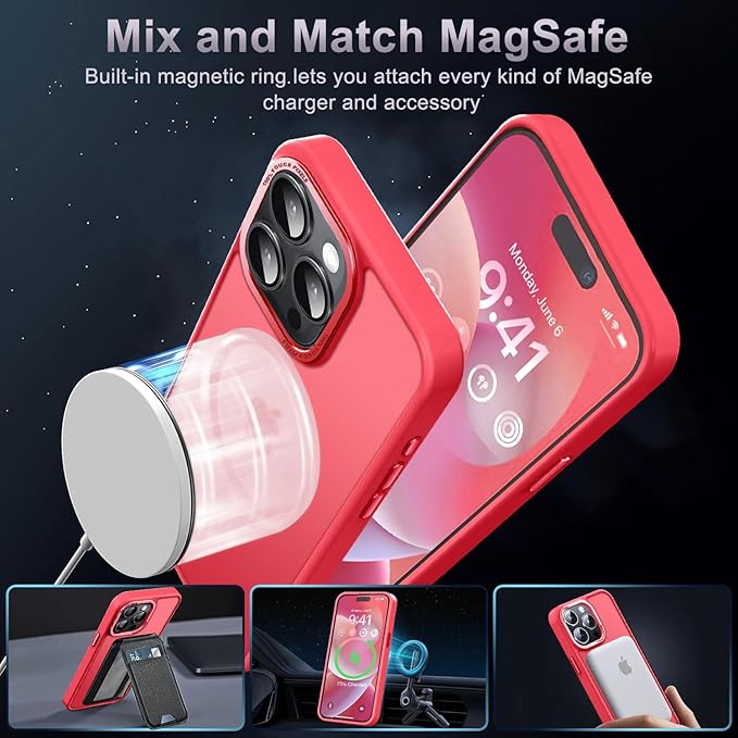 Newfuture Magnetic for iPhone 15 Pro Case [Compatible with Magsafe] [Military Grade Drop Protection] Translucent Matte Anti-Fingerprint Shockproof Phone Case for iPhone 15 Pro 6.1 inch, Red