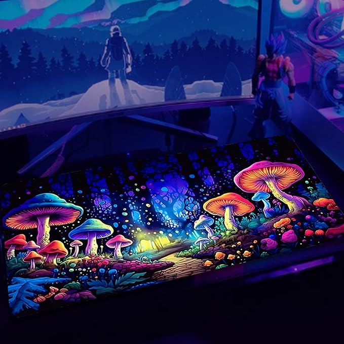 Gaming Mouse Pad, Blacklight Waterproof Large Non-Slip Rubber Base Mouse Mat, Glow in The Dark Desk Pad, 31.5 x 11.8 inches, Mushroom