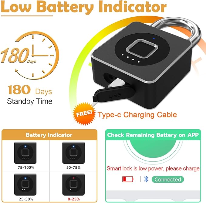Pothunder Fingerprint Padlock with APP, Keyless Biometric Lock, Smart Waterproof Padlock Suitable for Gym, Locker, Gates, Fence and Storage