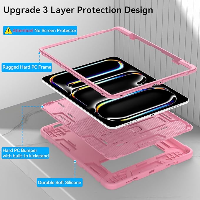 Case for iPad Pro 13 Inch Case (M5 2025/ M4 2024) with Pencil Holder, Built-in Stand, Military Grade Shockproof Protective Cover for iPad Pro 13" 8th/ 7th (Rose Gold)