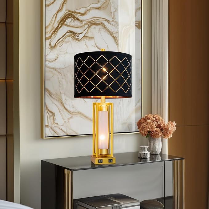 Set of 2 Modern Table Lamps for Living Room Bedroom with USB C+A, Rustic Nightstand Lamps with White Night Light, Black Grid Shade, Desk Lamps for Bedside End Tables, 4 Bulbs Included (Gold)