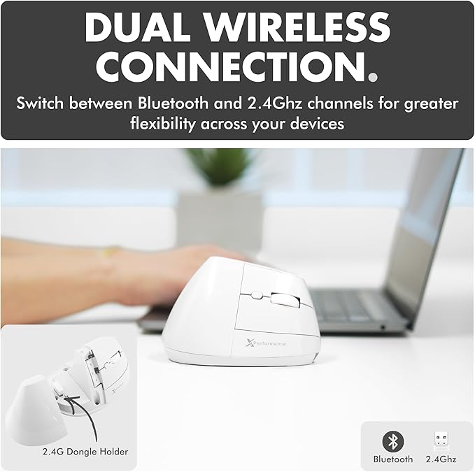X9 Performance Wireless Vertical Ergonomic Mouse - (BT + 2.4Ghz) - Click in Comfort - Up to 4000 DPI, 6 Button, Rechargeable - Bluetooth Ergonomic Vertical Mouse Wireless - for Mac and PC - White