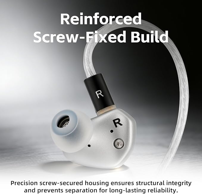 Klean SV in Ear Monitor, 10mm Full-DLC Diaphragm Dynamic Driver IEM, 3 Interchangeable Tuning Nozzles, HiFi Wired Earbuds, Detachable Cable for Audiophile, Musician & Gaming (Silver, 4.4mm)