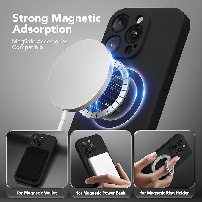 Magnetic for iPhone 15 Pro Max Case, Compatible with MagSafe, [Full Camera Protection][Screen Protector] Silicone Shockproof Protective Phone Case for iPhone 15 Pro Max 6.7", Black