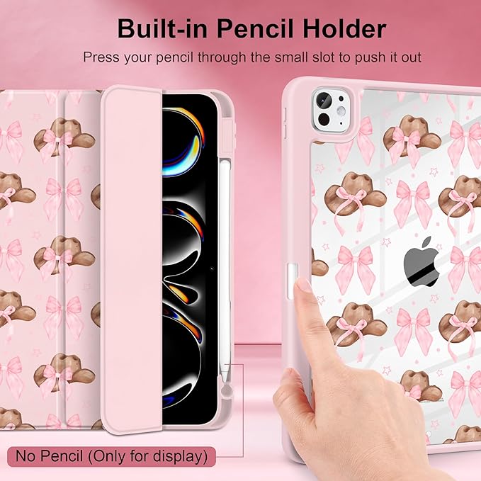 Case for iPad Pro 11 inch (M5) 2025 (M4) 2024 Release with Pencil Holder - Aesthetic Cute Preppy Design Trifold Cover with Soft TPU Bumper Clear Back Auto Sleep/Wake for Girls Women, Hat
