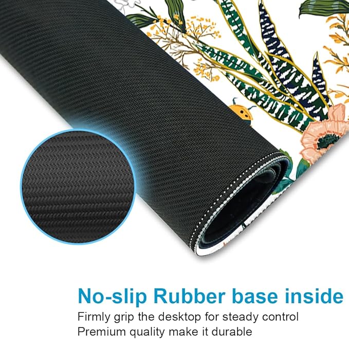 XXL Waterproof Office Desk Pad Protector 35.4x15.7 Inch - Extended Gaming Mouse Pad with Non-Slip Rubber Base, Thickened Keyboard Mat, Stitched Edges & Beautiful Floral Flowers Design