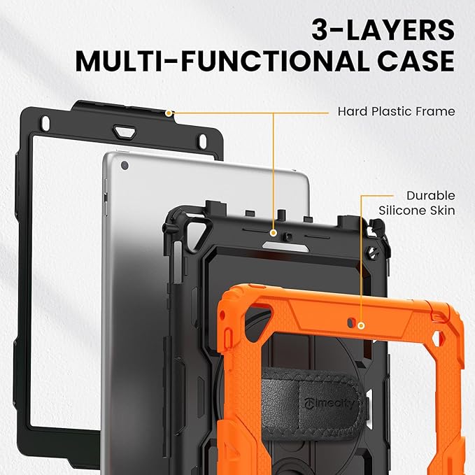 Timecity Case for iPad 6th/5th Generation, for iPad 9.7 Inch Case with Screen Protector Rotating Stand/Hand Strap Full-Body Silicone+PC Durable Protective Case for iPad 5th/6th /Air 2/Pro 9.7- Orange