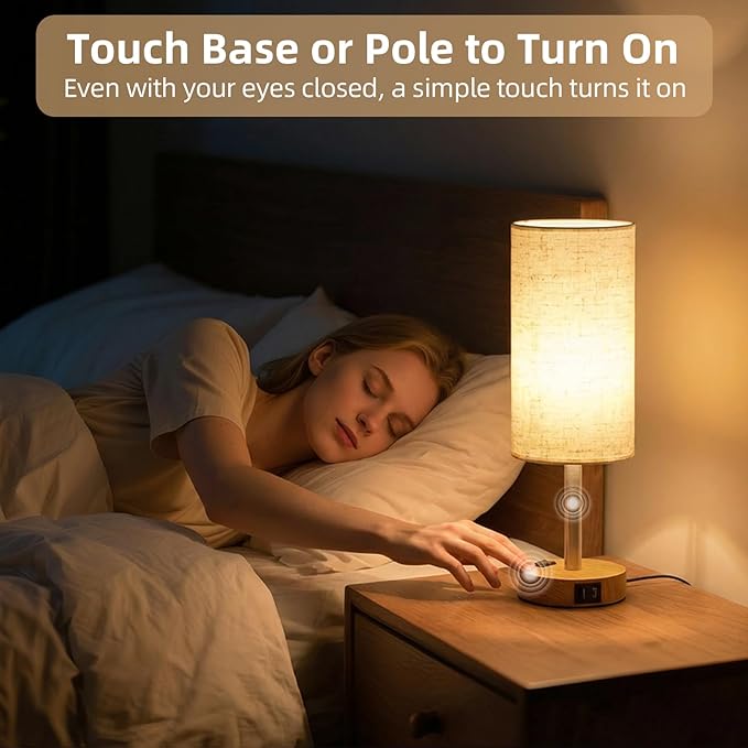 Table Lamp for Nightstand, High-Sensitivity Touch, 3-Level Dimmable Bedside Lamp with AC Outlet | USB | and USB-C, Ideal Night Stand Lamp for Bedroom, Reading, Living Room(Warm&Wooden)