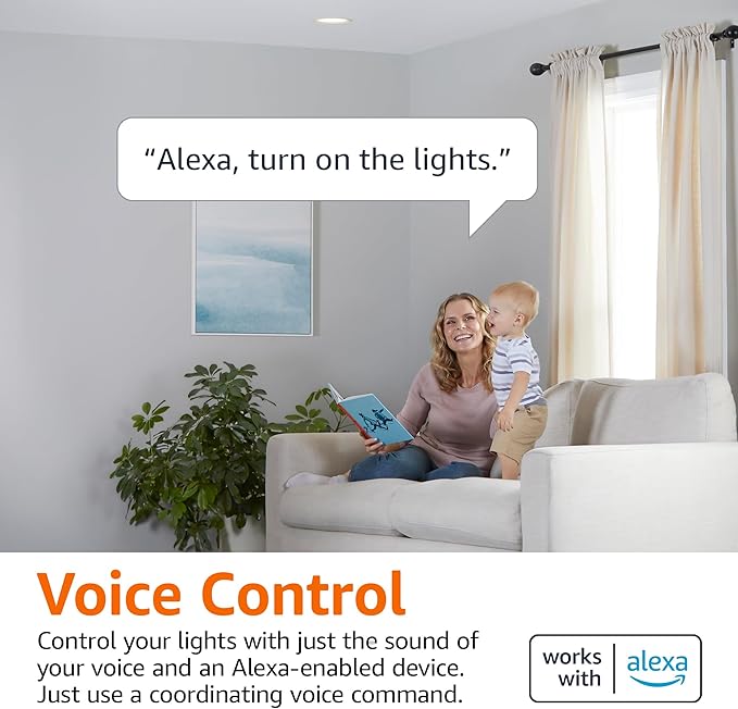 Amazon Basics Smart BR30 LED Light Bulbs, Color Changing, 9W (60W Equivalent), 800LM, Energy Efficient, Voice Control, Works with Alexa Only, 2.4 GHz Wi-Fi, No Hub Required, 8-Pack