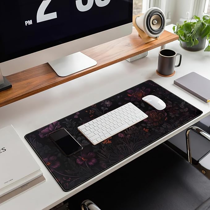 Dark Cottagecore Desk Mat Black Purple Flower XL Mouse Pad Large Gaming Mousepad Extended Vintage Aesthetic Desk Pad Keyboard Mouse Mat 31.5 x 11.8 in for Work Game Office Decor