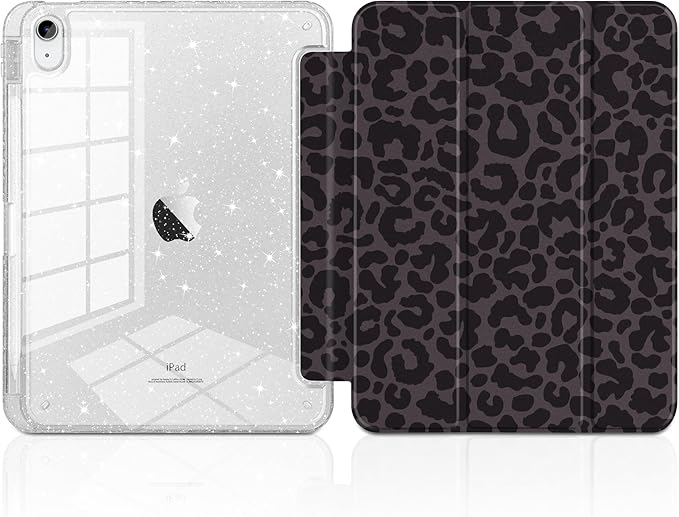 DONGKE for iPad Pro 11 inch Case – Fits M5 2025 / M4 2024, Shockproof Sparkling Glitter Acrylic Back, Pencil Holder, Trifold Stand, Auto Sleep/Wake & Touch ID Support - Black Leopard