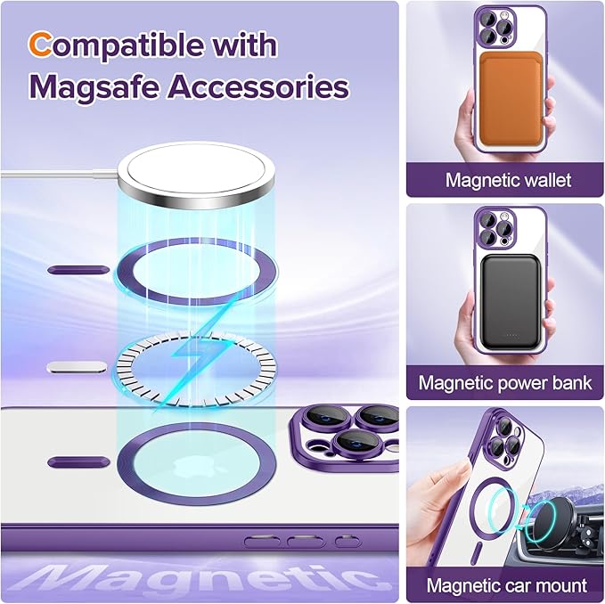 Hython Magnetic Clear for iPhone 15 Pro Max Case with Camera Lens Protector [Compatible with MagSafe] Plating Edge Slim Soft TPU Cover Protective Phone Case for iPhone 15 Pro Max 6.7", Matte Purple