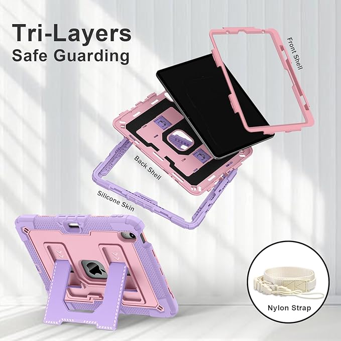 Kids Friendly Case for iPad Air 11 Inch M4 M3 M2 2026/2025/2024 Case with Pencil Holder & Shoulder Strap, Military Grade Shockproof Kickstand Hard Shell Protective Cover,Pink+Purple