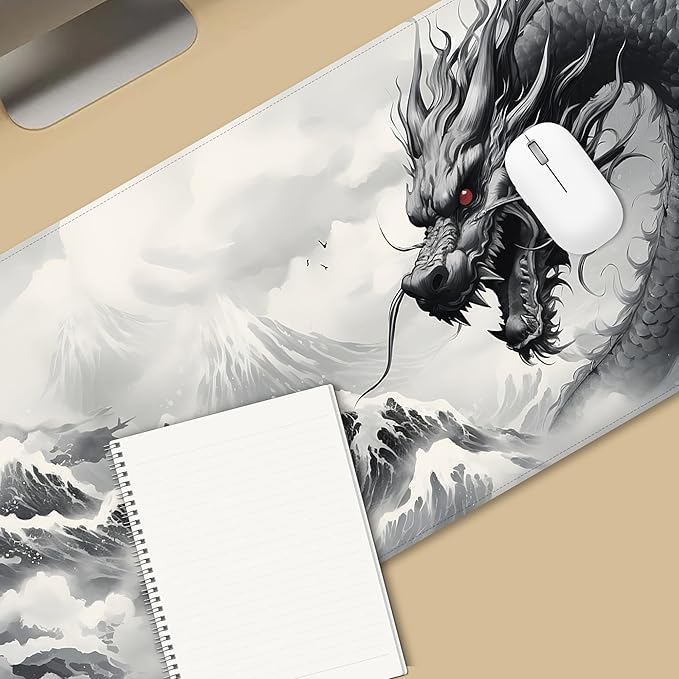 ProbTis Black and White Dragon Mouse Pad, Large Japanese Desk Mat, XXL Anime Gaming Keyboard Mat, Oriental Decor, Big Extended Desk Protector for Home Office, 35.4"x15.7" (Dragon BW)