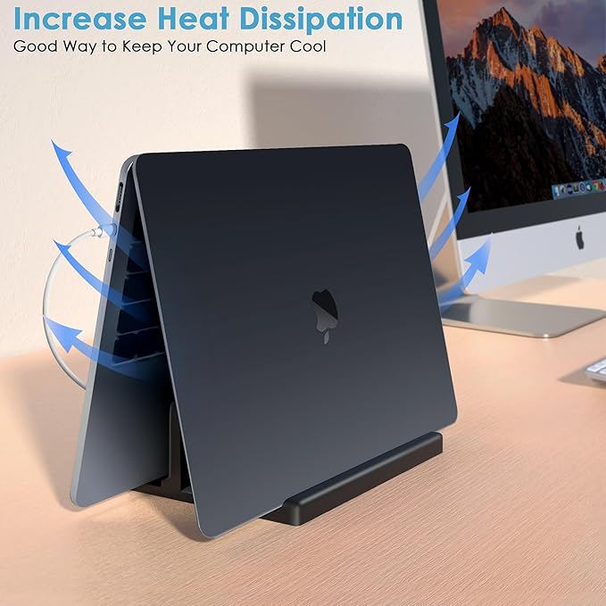Vertical Laptop Stand [New Version: Two More Rubber Pads & Hex Key Storable Design] ABS Plastic Adjustable Dock up to 15 inch PC Desk Space Saver for MacBook/Surface/iPad/Mini PC (Black)