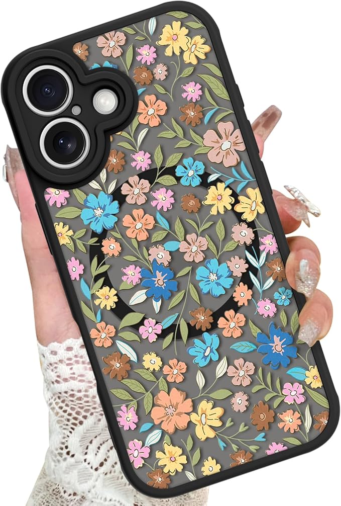 KANGHAR Case Compatible with iPhone 16 Flower Pattern [Compatible with Magsafe] Cute Colorful Blooming Florals Protective Magnetic Case for Girls Women 6.1"