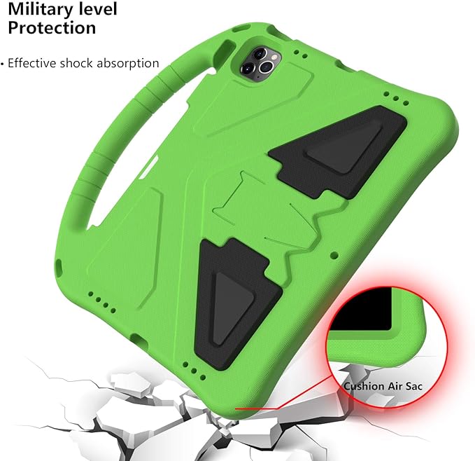 Kids Case for iPad Pro 11" 2022/2021/2020/2018, iPad Air 5th/4th Generation With Pencil Holder, Lightweight Shockproof EVA Foam Handle Stand Anti-Slip Grip Rugged, Green