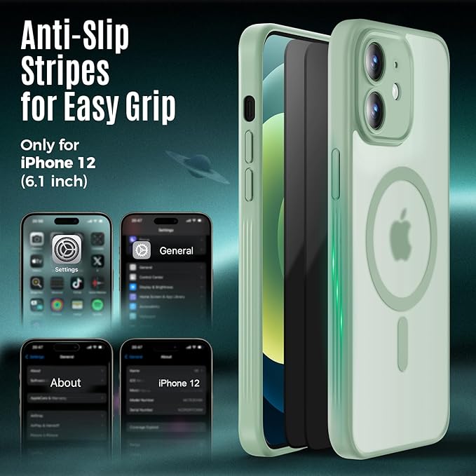 Symcele Designed for iPhone 12 Case, Compatible with MagSafe, with Privacy Screen Protectors X2, [Camera Protection] [15FT Military Drop Protection] Shockproof Phone Case, 6.1", Calke Green