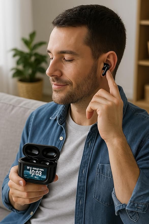 IQ Sound IQ-341 ANC & ENC Bluetooth Earphone with Touchscreen Display Charging Case, True Wireless Earbuds, Stereo Sound, Dual Mic, Voice Assistant, In-Ear Detection, USB-C Charging (Black)