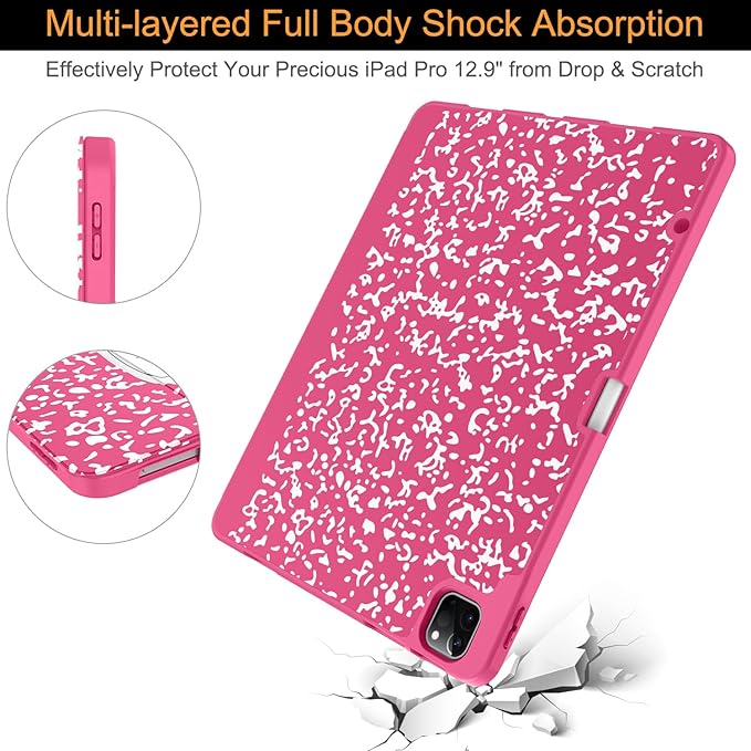 Soke Case for iPad Air 13 Inch (M4/M3/M2,2026-2024), iPad Pro 12.9" 6th/5th Generation with Pencil Holder(2021 2022 Release)-[Apple Pencil Charging + Auto Wake/Sleep] Soft Back Cover, Book Hot Pink