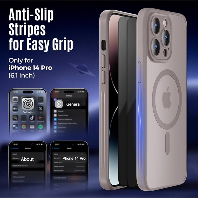 Symcele Designed for iPhone 14 Pro Case, Compatible with MagSafe, with Privacy Screen Protectors X2, [Camera Protection] [15FT Military Drop Protection] Shockproof Phone Case, 6.1", Natural Titanium