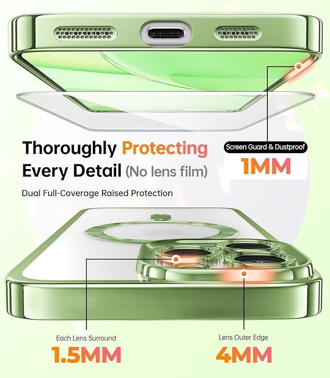 Meifigno Case Designed for iPhone 16 Pro 6.3 Inch, [Compatible with MagSafe] [2X Screen Protectors] [Glitter Card & Wrist Strap] Surround Lens Protection Designed for iPhone 16 Pro Case, Grass Green
