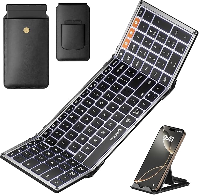 ProtoArc Backlit Foldable Keyboard, XK01 Plus Folding Portable Bluetooth Keyboard for Travel, True Full Size External Wireless Keyboards with Backlight for iPad Tablet Smartphone Laptop - Gray