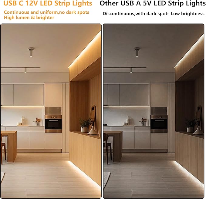USB C 12V LED Strip Lights 16.4ft, Bright Under Cabinet Lighting for Kitchen, TV Backlight & RV Camper, Flexible Tape Light for 3D Printer & Desk