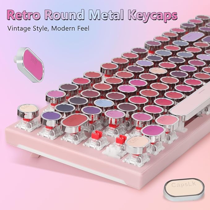 HUO JI Typewriter Mechanical Gaming Keyboard with RGB Sidelit and Purple LED Backlit, Retro Style, Red Switches, Metal Panel, Lipstick 104 Keys for Mac, PC, Cute Pink