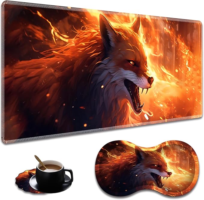 Ergonomic Flame Fox Extended Mouse Pad 31.5" x 11.8" Set, with Wrist Rest & Lace Coasters, Pain Relief Design, Non-Slip Desk Mat for Home & Gaming