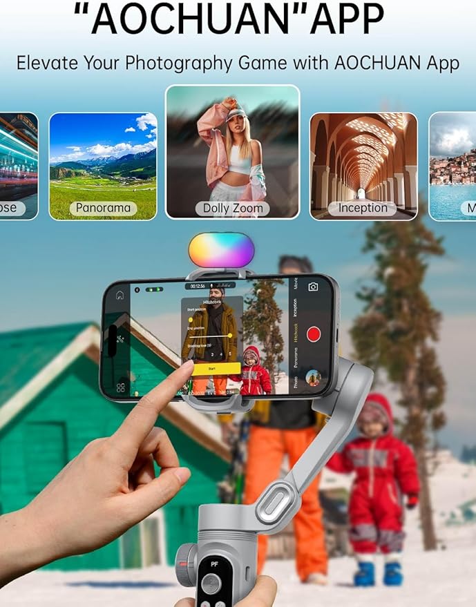 AOCHUAN iPhone Gimbal, 3-Axis Gimbal Stabilizer for Smartphone w/RGB Magnetic Fill Light Portable with Fous/Zoom Wheel for Vlog, Compatible with iPhone 15 Pro Max/Android-Smart X Pro Kit Gray