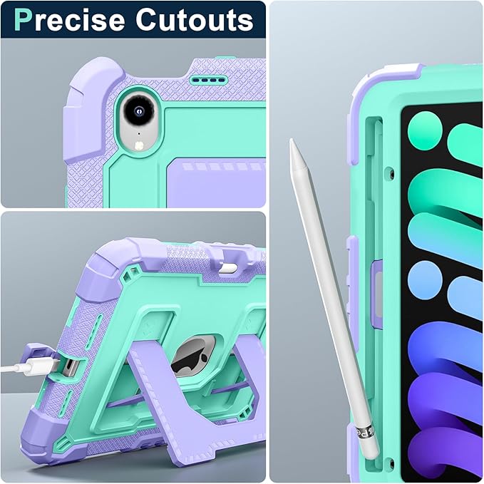 Kids Friendly Case for Apple iPad mini 7 A17 Pro 2024/iPad Mini 6 2021 8.3 Inch 7th/6th Gen Case with Pencil Holder & Shoulder Strap, Shockproof Kickstand Hard Shell Protective Cover,Purple+Mint