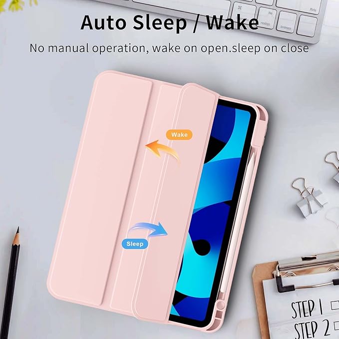 Case for iPad Air 11-Inch M4/M3/M2 2026/2025/2024, iPad Air 5/4 (2022/2020 5th/4th Generation 10.9-Inch) with Pencil Holder, Slim Stand Soft Back Support Touch ID, Auto Wake/Sleep, Light Pink