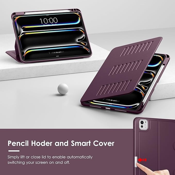 VIKESI Case for iPad Pro 11 inch (M5/M4) 2025/2024,Multiple Angles Stand Cover,Soft Back,Pencil Holder,and Auto Sleep/Wake,Dark Purple