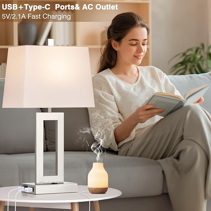 Cinkeda Table Lamp Set of 2 with USB C+A Ports & AC Outlet, Bedside Lamps, Modern Bedroom Lamps, Silver Lamps for Bedroom Living Room,Nightstand Lamp（Push Button Swich/NO dimming