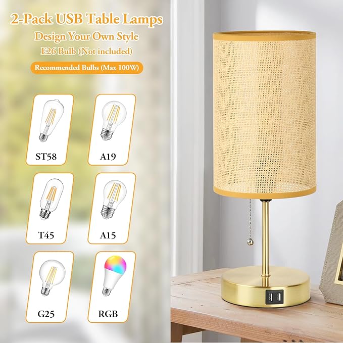 Set of 2 Table Lamp with 2 USB, Vintage Bedside Lamps for Bedrooms, Nightstand Lamps with Pull Chain, Bamboo Woven Desk Lamps with Rattan Lampshade and Gold Metal Base for Bedroom Living Room Desk